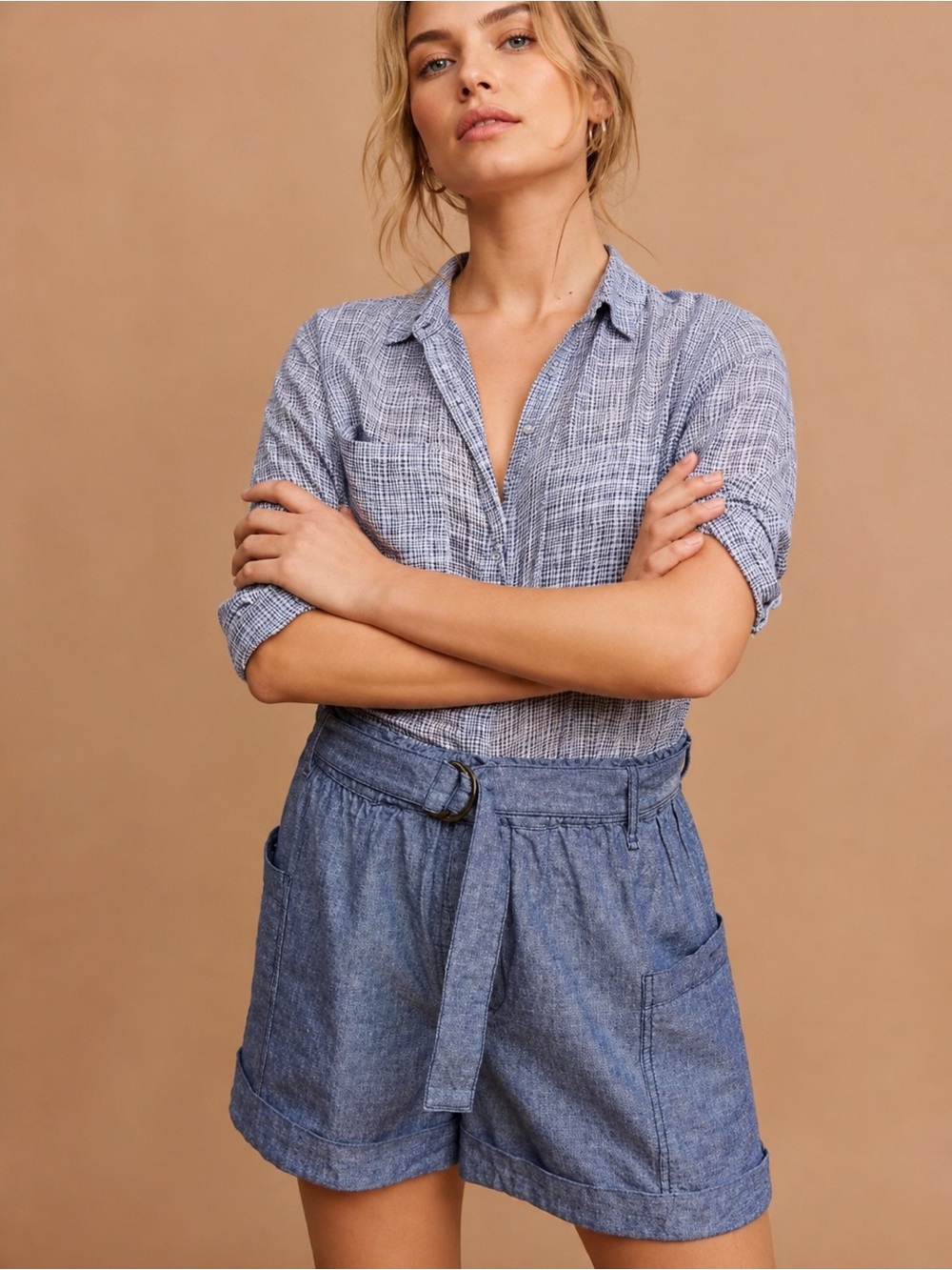Anthropologie Hei Hei Marnie Chambray Blue Linen Blend Shorts XS D Ring Belted
